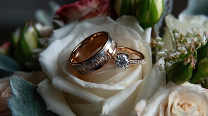 Elegant wedding rings on white roses romantic ceremony setting floral arrangement close-up love symbolism