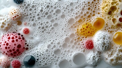 Exploring the Microscopic World of Stained Human Cheek Cells on a White Surface with Bubbles in Medical Laboratory Experiments
