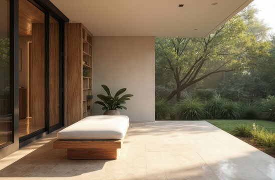 Minimalist open veranda with floating bench and garden backdrop Generative AI