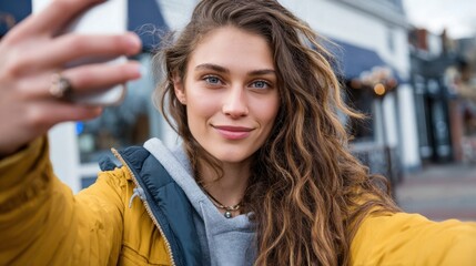 Capturing joy young woman selfie in urban setting vibrant colors close-up perspective lifestyle photography