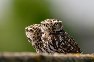 Pair of Little Owls (Athene noctua) Together in Natural Habitat