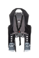 Child bike seat with harness and footrests, isolated on white background. Safe rear-mounted bicycle seat for kids.