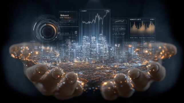 Futuristic augmented reality interface displaying digital city data and holographic analytics over urban skyline in cupped human hands