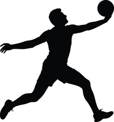Silhouette of a basketball player in midair catching a basketball
