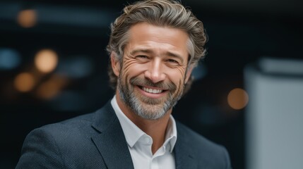 Close-up portrait of smiling confident mature businessman in suit, expressing leadership, charisma, and professional positivity
