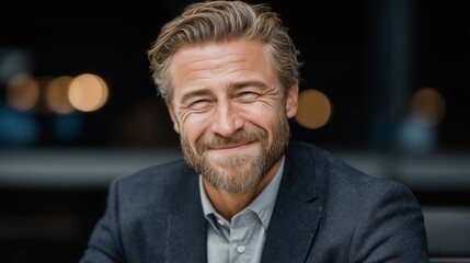 Candid portrait of mature bearded man in formal blazer smiling warmly, representing leadership, trust, and confidence in business