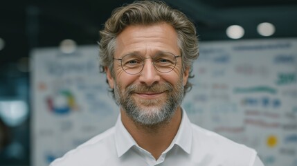 Smiling senior businessman in white shirt and glasses standing in front of blurry strategy charts in modern business environment