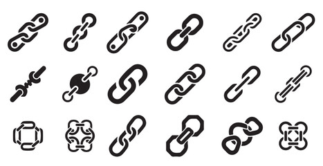 chain vector collection. Trendy elements with retro photocopy effect. Distressed broken metal chain pieces set. Black monochrome clip art with grainy stippling texture. Grunge vector illustration