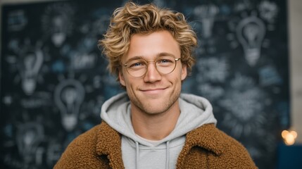 Young creative entrepreneur smiling confidently in front of chalkboard filled with sketches of ideas and light bulb illustrations
