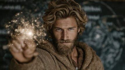Bearded creative entrepreneur pointing with spark of light emerging from finger, symbolizing innovation and visionary energy