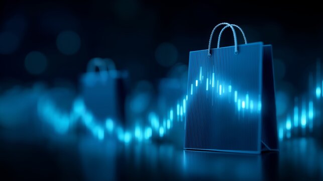 Blue digital shopping bag with declining candlestick graph line reflecting economic deflation and drop in consumer spending behavior - Powered by Adobe