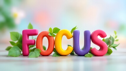 Focus word in colorful letters with green leaves, motivation and productivity concept