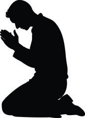 Silhouette of a kneeling man with his hands together in prayer