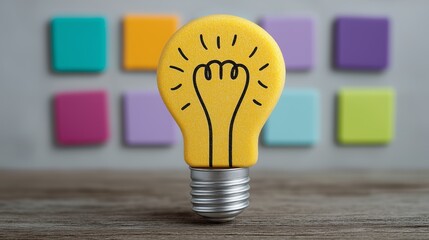 Bright yellow lightbulb with hand-drawn fist symbol standing on wooden surface, colorful square background suggesting bold creative idea