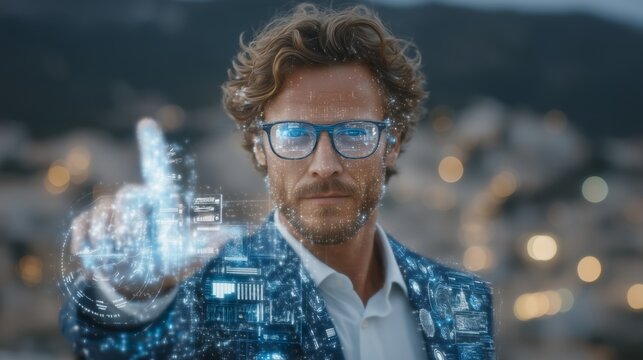 Man in futuristic suit using virtual interface with glowing blue graphics, symbolizing innovation, data intelligence and digital vision