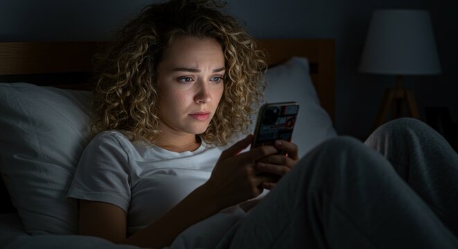 Young woman in bed at night checking her phone