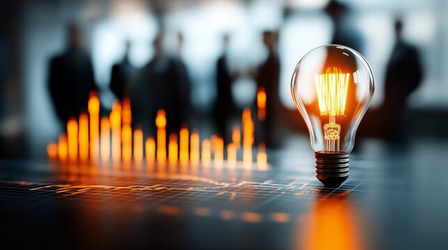 Light bulb on digital financial graph table with glowing candlestick chart and business figures in background representing innovation