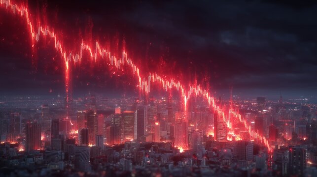 Fiery red chart line plummeting into city skyline in flames, depicting intense market crash and economic downfall
