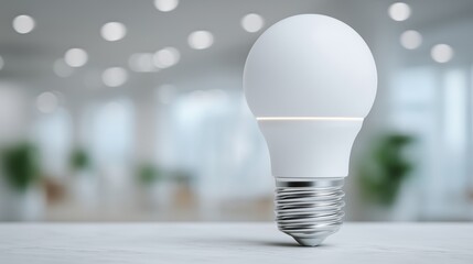 Compact smart LED bulb placed on clean white tabletop with a soft modern office blur and circular light bokeh in the background