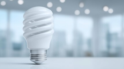 Close-up of modern spiral CFL bulb in soft daylight office with abstract blurred cityscape and circular ceiling lights in background
