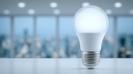 Round white LED bulb glowing with soft bokeh light in modern office interior featuring a panoramic city view through large windows