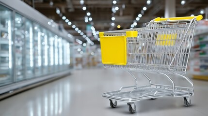 Empty shopping cart with yellow handle parked inside brightly lit supermarket aisle in front of freezer section with clean floor