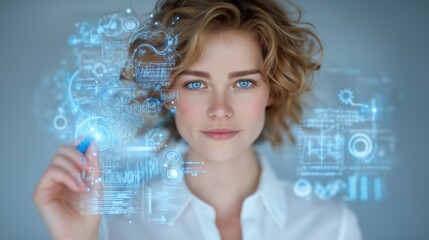 Confident businesswoman interacting with futuristic digital interface displaying glowing idea diagrams and strategy visualizations