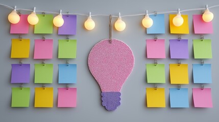 Colorful sticky notes arranged in grid pattern surrounding pink and purple light bulb cutout under glowing bulb string on wall