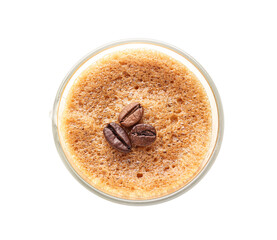 Glass of delicious espresso with coffee beans on white background