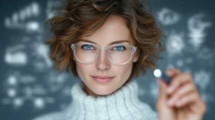 Focused woman in clear glasses holding pen with strategy diagrams and idea sketches glowing behind on a blurred conceptual background