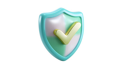A glossy pastel blue and green 3D shield icon with a prominent checkmark symbol conveying a sense of security verification and approval