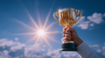Hand holding golden trophy raised to bright sunny sky symbolizing victory, recognition, and the concept of success and achievement