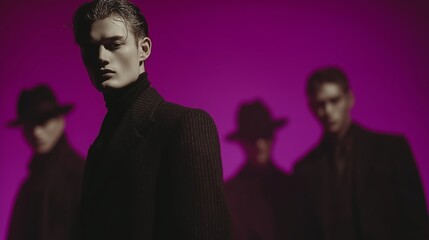 Serious man in striped suit and slick hair posing against deep purple background with group of blurred men behind him