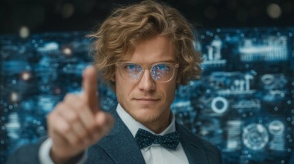 Young tech founder in glasses pointing forward while presenting futuristic digital interface filled with data charts and innovation elements