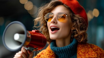 Confident young woman in bright red beret and round sunglasses shouting into megaphone, expressing bold emotion and energy in urban scene