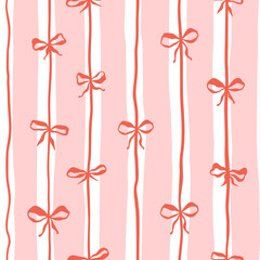 Pink Whimsical Vertical Stripes Bold Color Vector Seamless Pattern, Summer Striped Ribbon Bows Travel Themed Design, Coquette Fabric Textile, Kitchen Decor. Simple Illustration Background