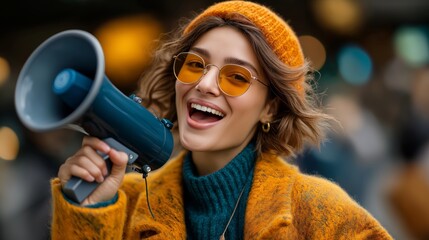 Stylish young woman in vibrant outfit smiling and shouting through blue megaphone during energetic public expression outdoors