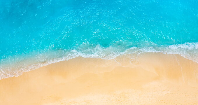 Relaxing aerial top beach scene waves surf. Amazing panoramic blue ocean lagoon and coastline. Summer vacation holiday banner. Peaceful sunny bright beach shore perfect drone top view tropical travel - Powered by Adobe