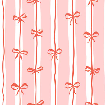 Pink Whimsical Vertical Stripes Bold Color Vector Seamless Pattern, Summer Striped Ribbon Bows Travel Themed Design, Coquette Fabric Textile, Kitchen Decor. Simple Illustration Background