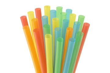 Colorful plastic straws bundled together, creating a vibrant and cheerful image with transparent background