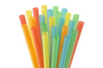 Colorful plastic straws bundled together, creating a vibrant and cheerful image with transparent background