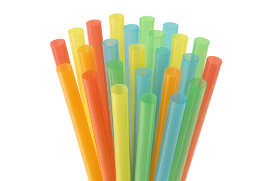 Colorful plastic straws bundled together, creating a vibrant and cheerful image with transparent background
