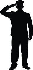 Silhouette of a saluting officer wearing a peaked cap on white background