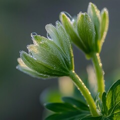 Dew-kissed flowers glimmering in the morning light in a lush garden setting
