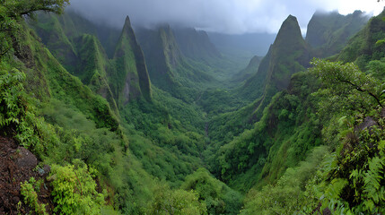 Fototapeta premium Lush green valley dramatic mountain peaks tropical landscape