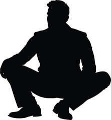 Black Silhouette of a Man in a Squatting Position on White Background