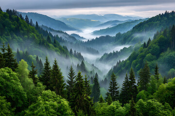 Misty mountain valley lush green forest landscape