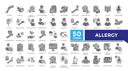 Allergy solid icon set collection. This set includes dermatology, inflammation, diagnosis, medical results, treatment and more icons in solid style. Vector icons collection for infographics