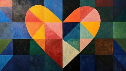 Colorful heart shape composed of geometric triangles on a grid of squares