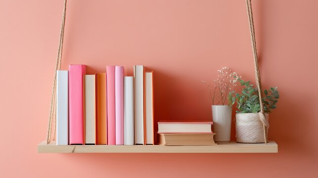 Colorful books and plants on a hanging shelf against a peach wall in a stylish interior space